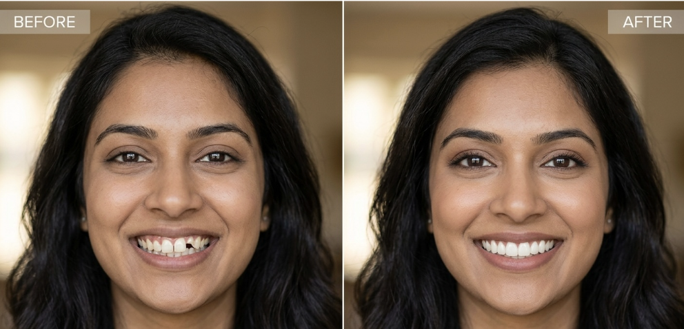 Before and after bridal smile makeover with veneers closing gaps and repairing a chipped tooth